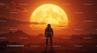 Astronaut Standing on Alien Planet with Large Sun Setting Behind