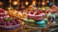 Colorful Macarons with Raspberries on Elegant Dessert Display