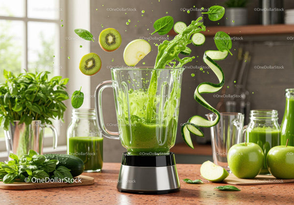 Świeże składniki zielonego smoothie rozbryzgujące się w blenderze