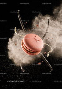 Pink macaron with vanilla and cocoa powder splash