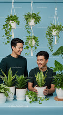 Two men enjoying indoor plants in modern decor setting
