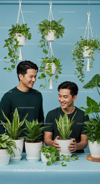Two men enjoying indoor plants in modern decor setting