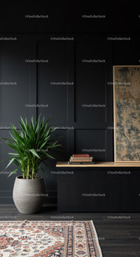 Modern Interior with Black Wall Panels and Green Houseplant