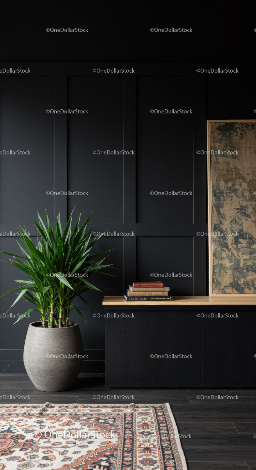 Modern Interior with Black Wall Panels and Green Houseplant