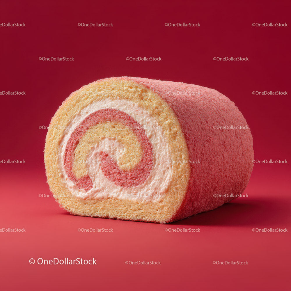 Pink Velvet Cake Roll with Cream Filling in Bright Red Background