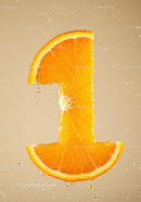Fresh orange slice shaped as number one with water drops