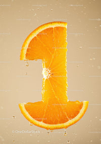 Fresh orange slice shaped as number one with water drops