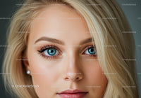 Close up portrait of young woman with striking blue eyes