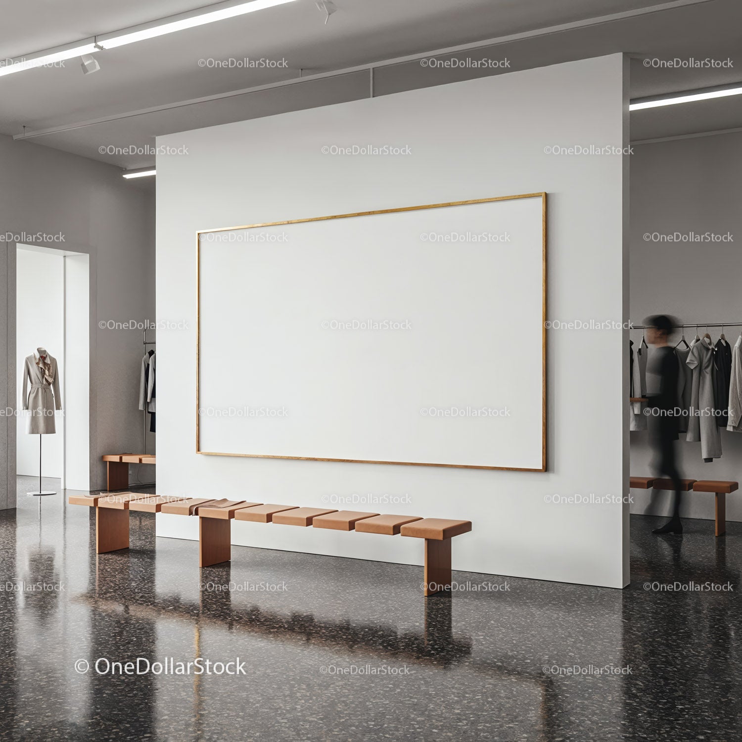 Nowoczesne wnętrze galerii z pustą ramą i siedzeniami