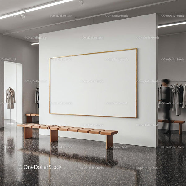 Modern gallery interior with empty frame and seating JPG Mockup Image