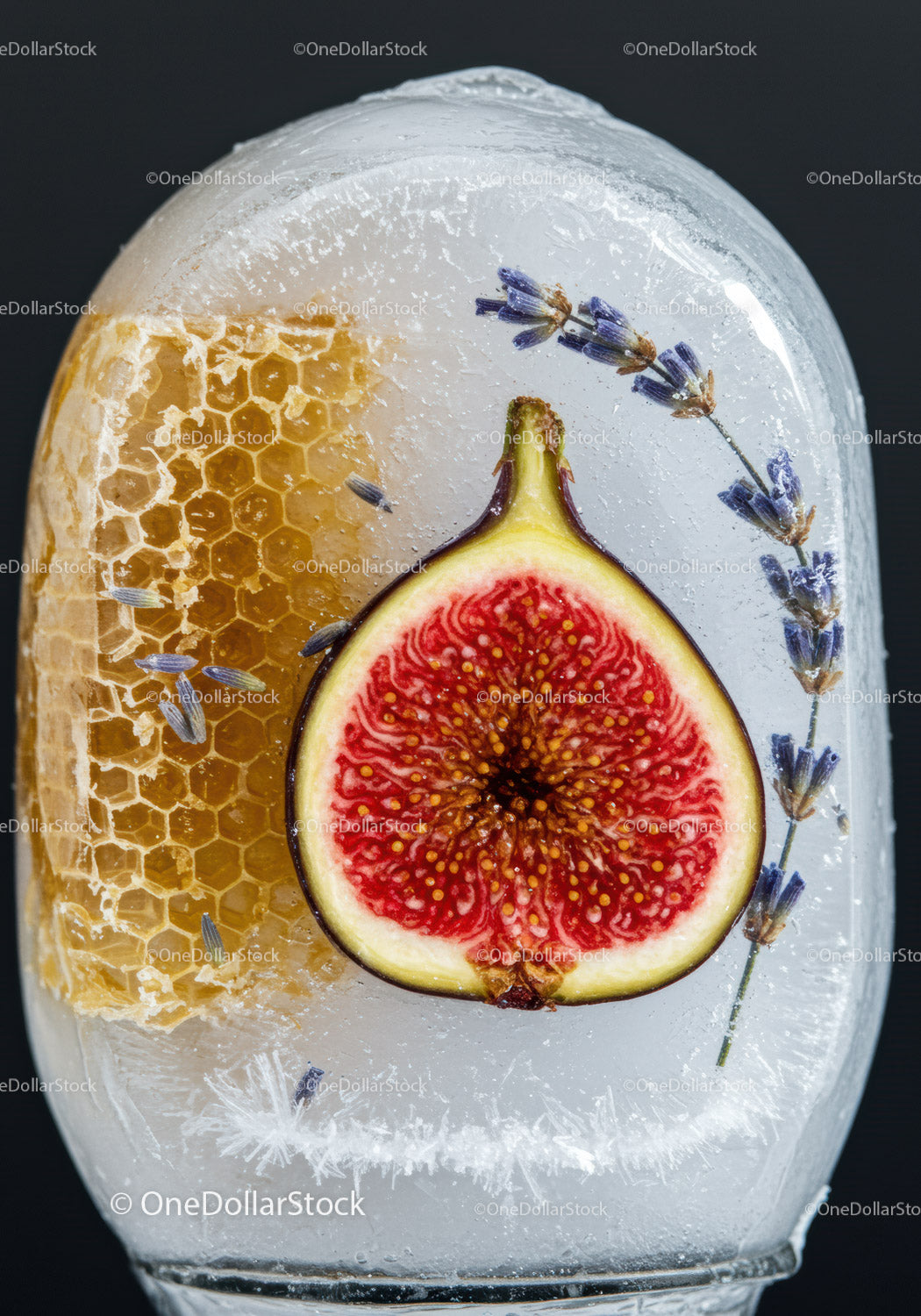 Frozen fig and honeycomb with lavender inside ice