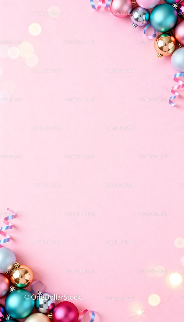 Colorful Christmas Ornaments on Soft Pink Background