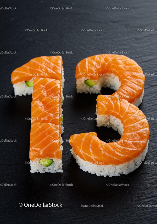Sushi shaped as numbers thirteen on black slate surface