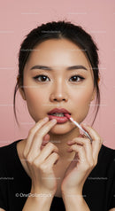 Young Woman Applying Pink Lipstick with Glamorous Look