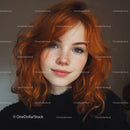 Portrait of a Young Woman with Bright Red Curly Hair and Blue Eyes