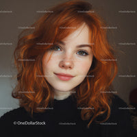 Portrait of a Young Woman with Bright Red Curly Hair and Blue Eyes