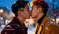 Tender winter kiss between two young men outdoors