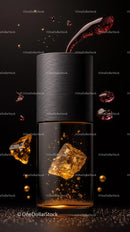 Elegant Champagne Glass with Flying Ice Cube and Splashing Liquid