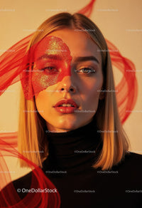 Creative Artistic Makeup Portrait with Red Face Paint and Blonde Hair