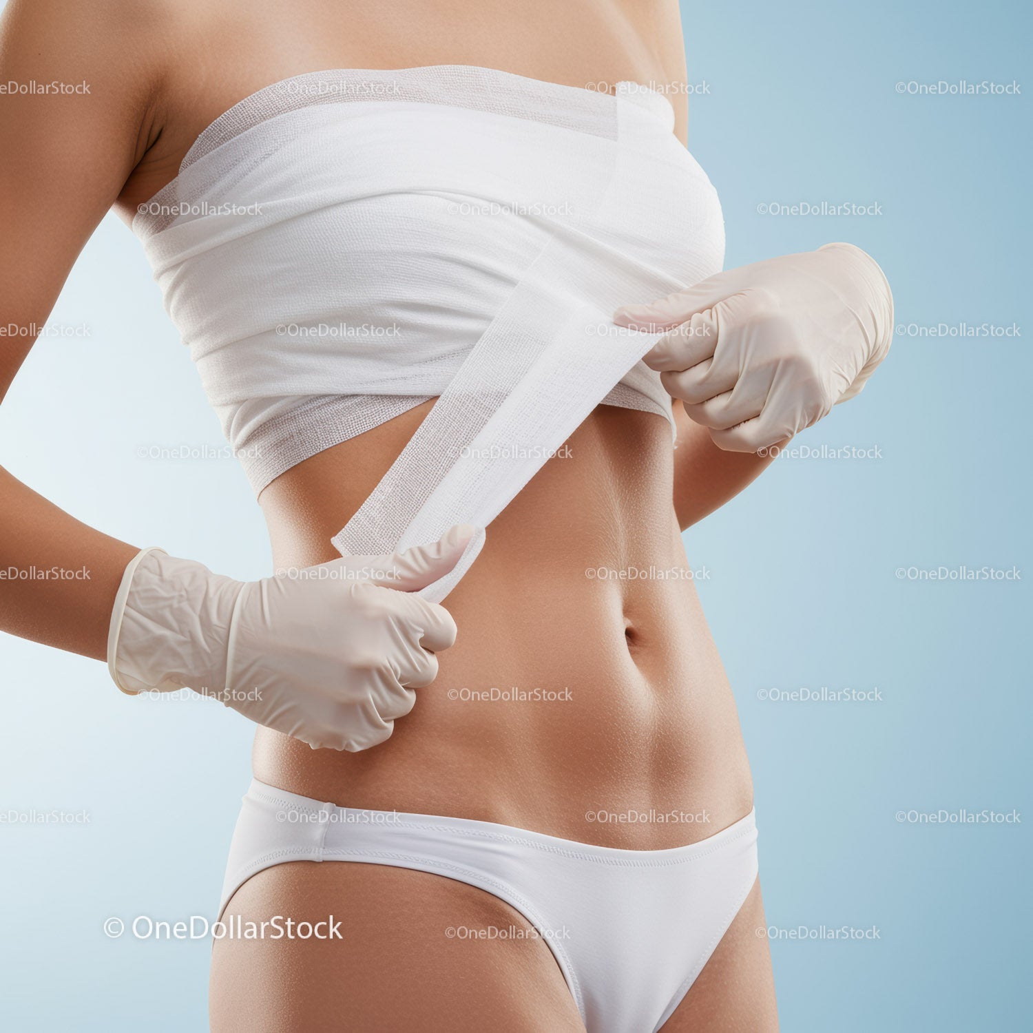 Woman Applying White Bandage to Wound with Medical Tape in Clinical Setting