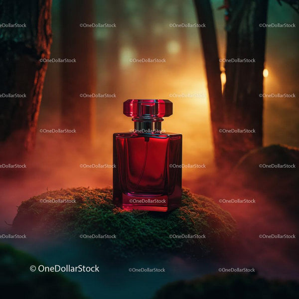 Red Perfume Bottle in Mystical Forest with Ambient Light JPG Mockup Image