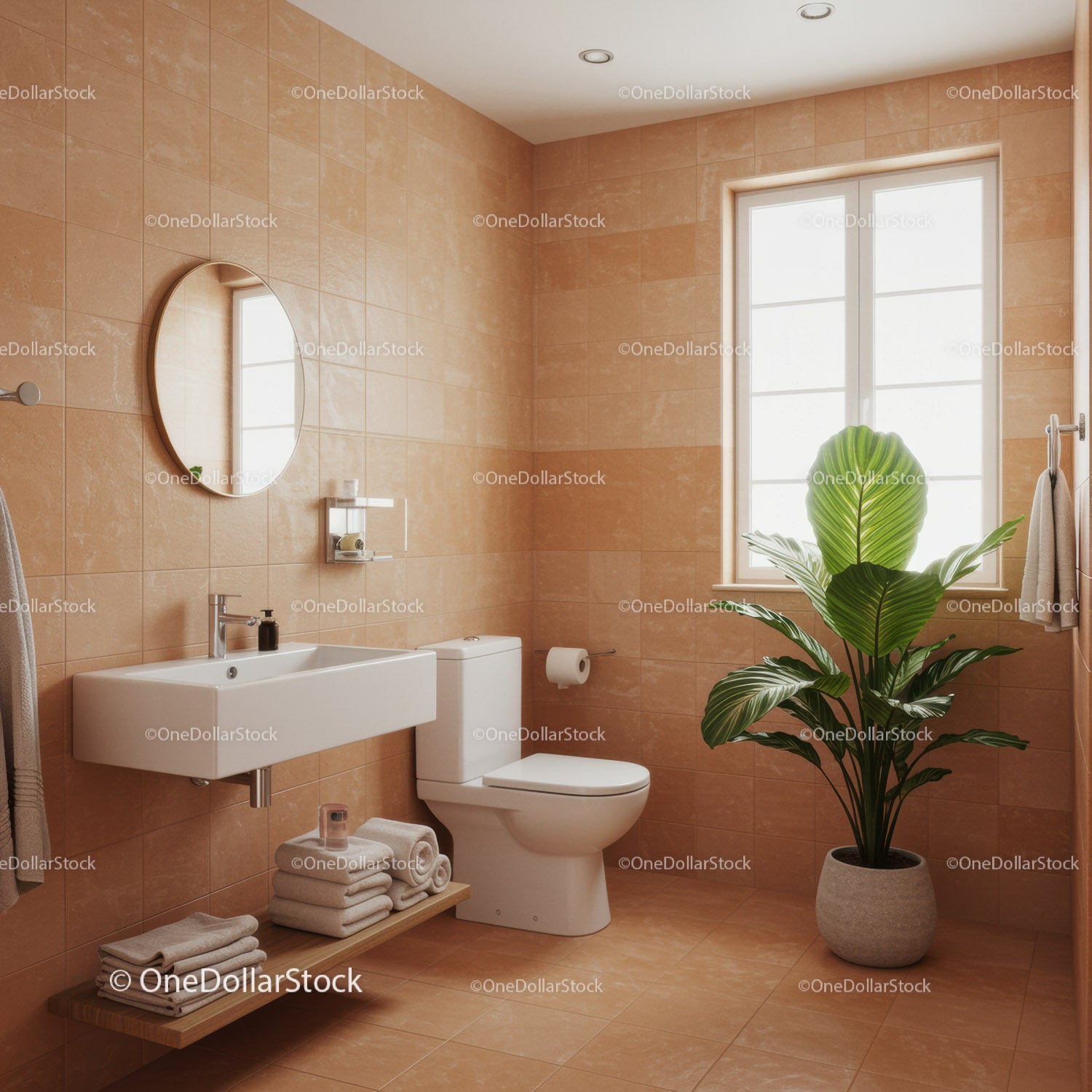Bright Modern Bathroom with Large Green Plant and Beige Tiles