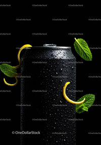 Refreshing black can with lemon peel and fresh mint leaves