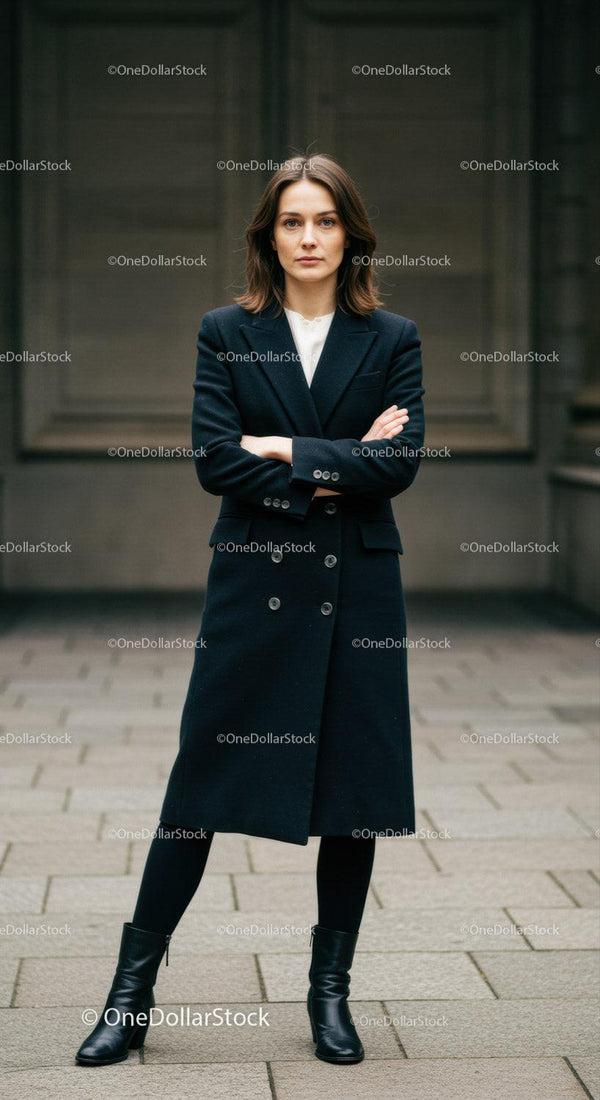 Elegant Woman in Business Suit Standing Confidently in Urban Setting