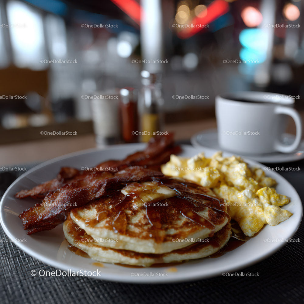Stack of Fluffy Pancakes with Melted Butter and Syrup