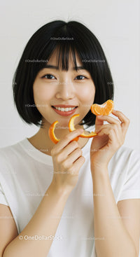 Young Woman Smiling and Holding Fresh Orange Slices Against White Background
