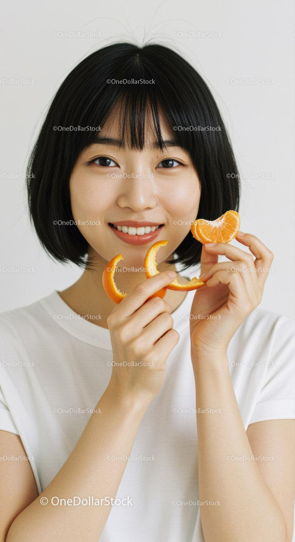 Young Woman Smiling and Holding Fresh Orange Slices Against White Background