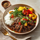 Savory Asian Dish with Rice, Vegetables, and Grilled Plantains