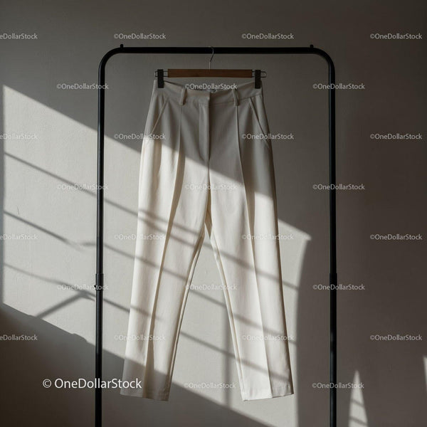 Minimalist white trousers hanging on black rack JPG Mockup Image