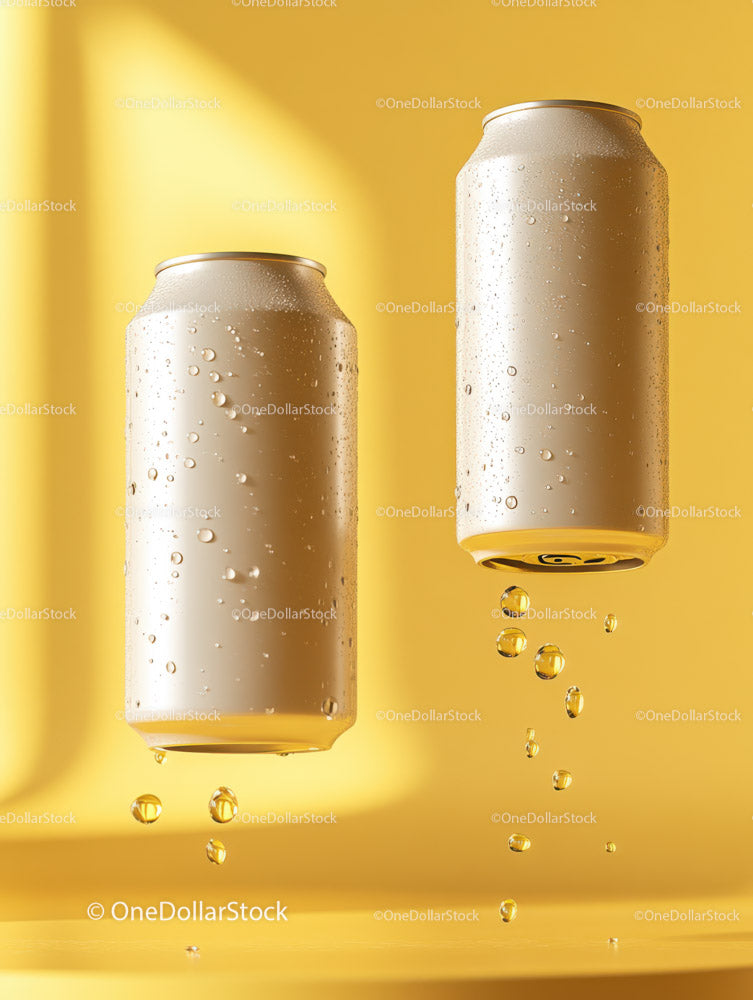 SlimSilver Aluminum Cans with Droplets in Bright Yellow Background
