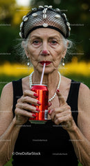 Elderly Woman Enjoying Refreshing Drink in Vibrant Outdoor Setting