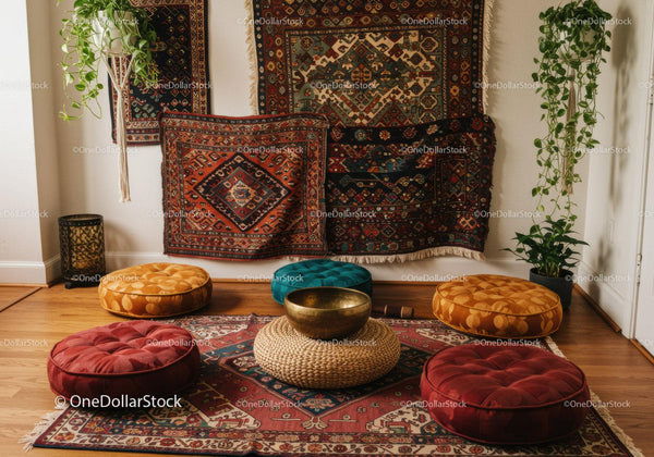 Cozy meditation space with vibrant cushions and rugs