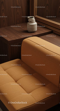 Modern Wooden Interior with Beige Sofa and Unique Ceramic Vase