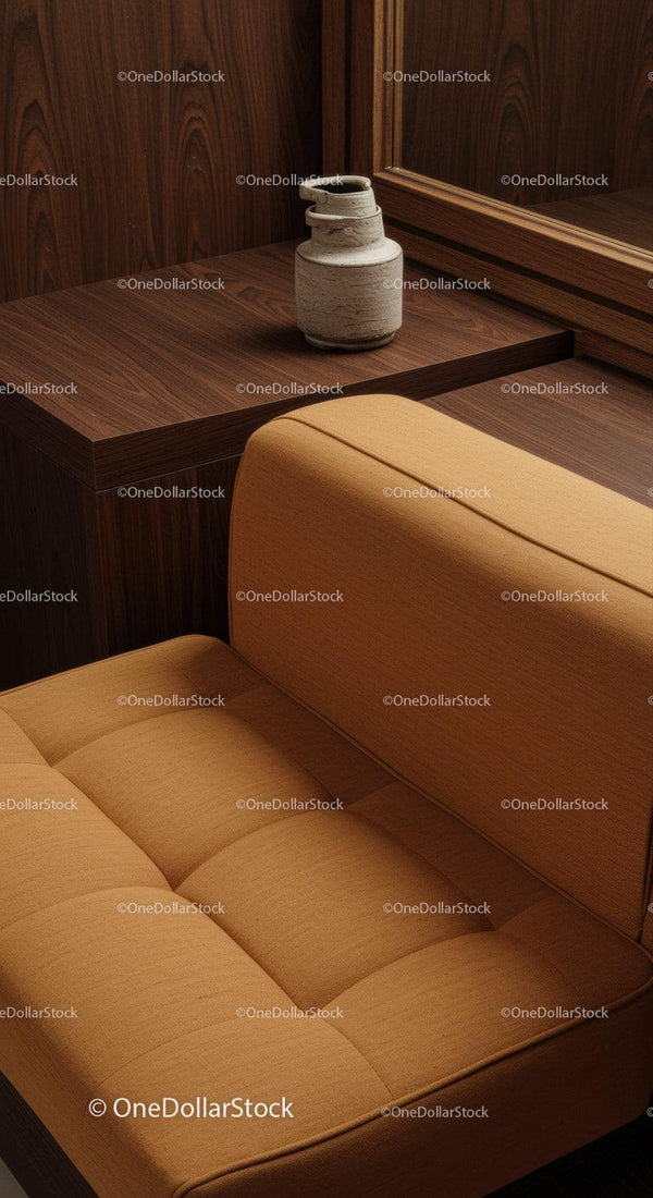 Modern Wooden Interior with Beige Sofa and Unique Ceramic Vase