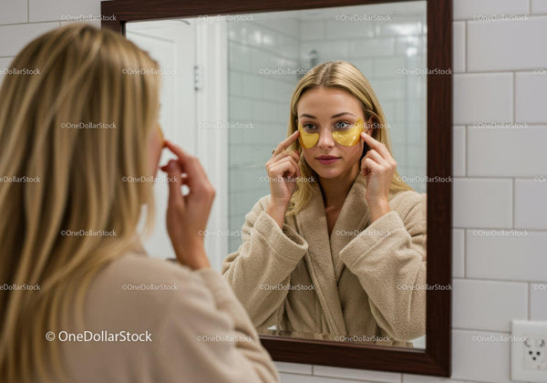 Woman Applying Under Eye Patches in Bathroom Mirror