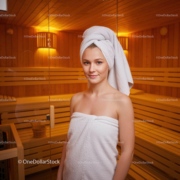 Zrelaksowana kobieta korzystająca z sauny spa z włosami owiniętymi w ręcznik w drewnianym wnętrzu