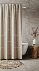 Minimalist Bathroom with Beige Curtain and Wooden Accent