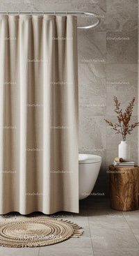 Minimalist Bathroom with Beige Curtain and Wooden Accent