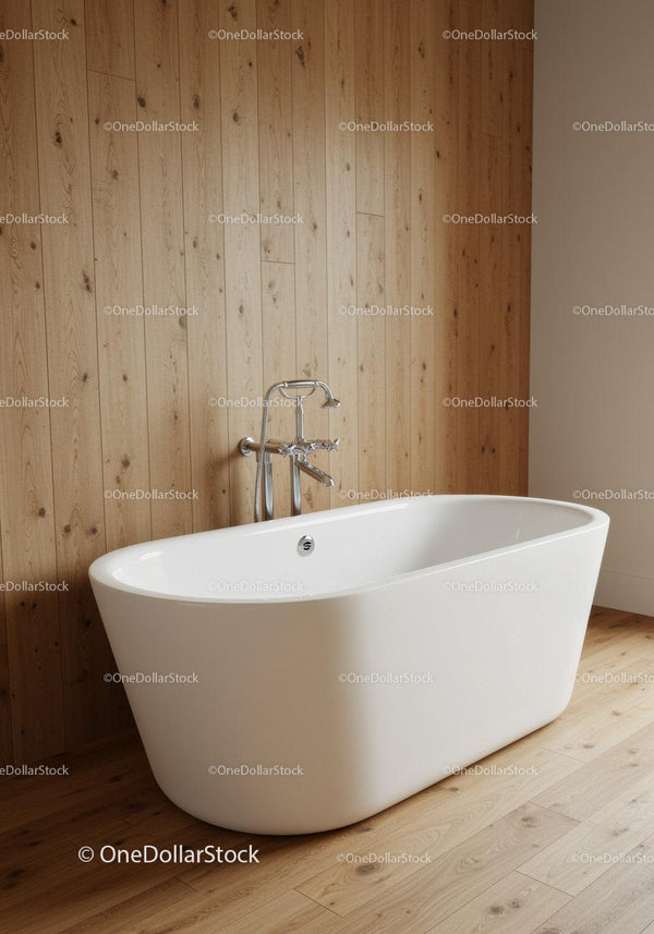 Nowoczesna Biała Wolnostojąca Wanna w Przytulnej Drewnianej Łazience