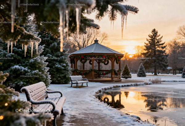 Snowy Park Bench and Festive Gazebo at Winter Sunset
