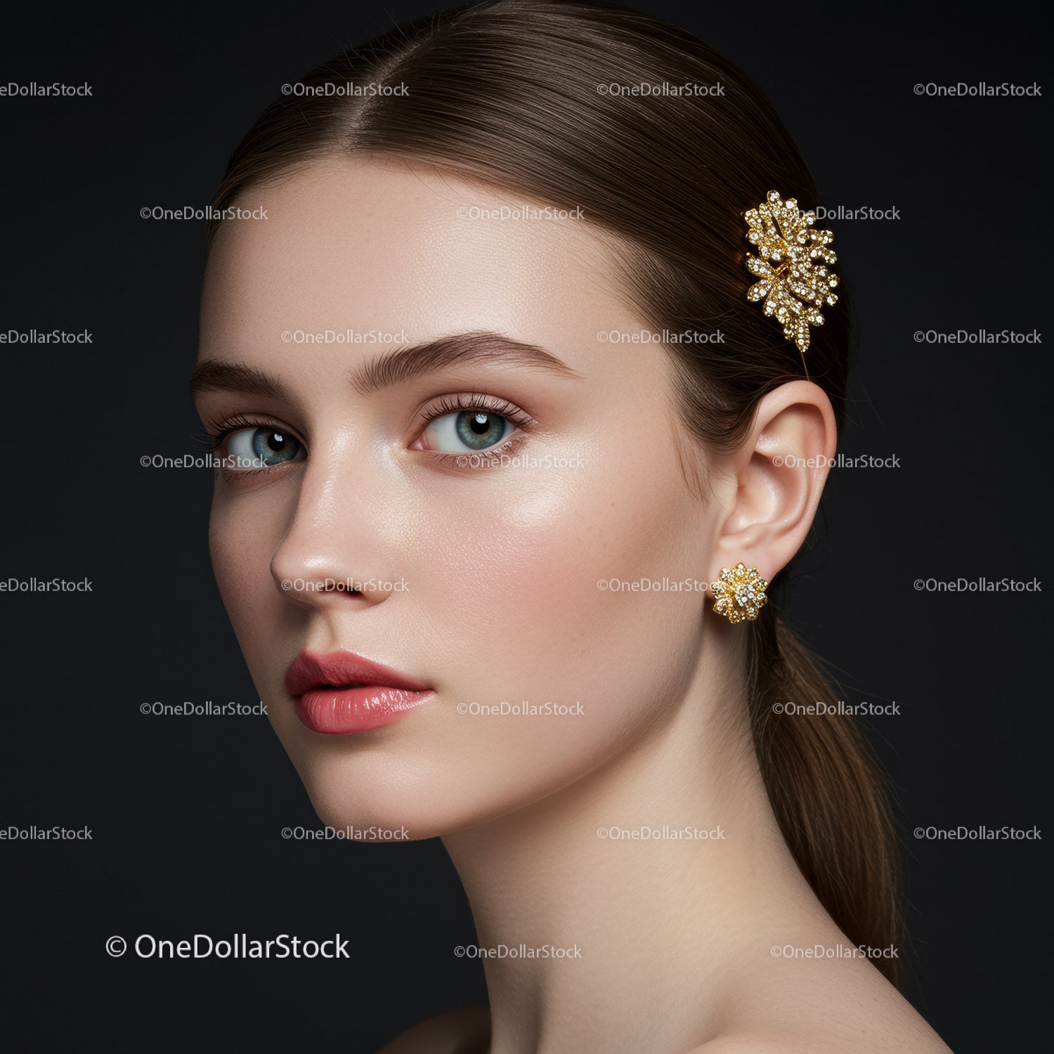 Elegant Woman with Gold Earrings and Hairpin in Portrait