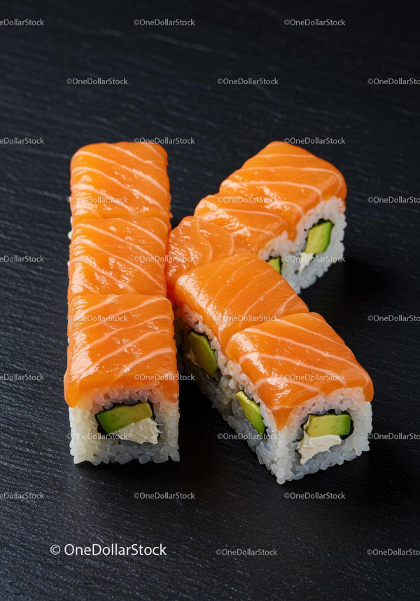 Fresh salmon sushi rolls with avocado on black slate