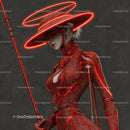 Futuristic Samurai in Neon Red Armor Holding Umbrella
