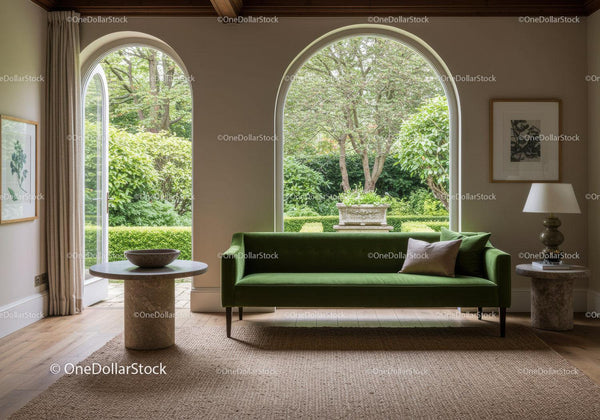 Minimalist living room with green velvet sofa and garden view