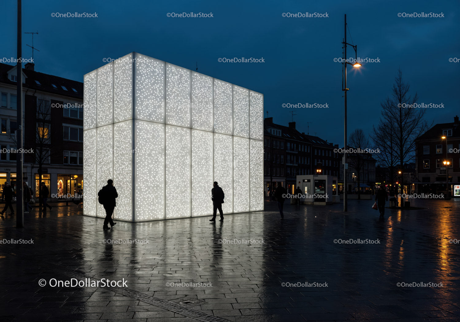 Illuminated Modern Building in Night City Square with Urban Ambiance