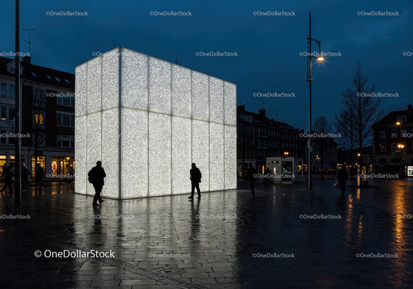 Illuminated Modern Building in Night City Square with Urban Ambiance JPG Mockup Image